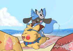 anal anal_sex beach beach_towel bodily_fluids cum cum_in_ass cum_inside cum_on_penis duo ejaculation embarrassed eyewear feral genital_fluids genitals goggles goggles_on_head happy hugo_the_riolu male male/male nintendo penetration penis pikachu pokémon_(species) pokemon quentinmimikyu riolu scarf sea seaside sex sex_on_the_beach sparky_the_chu_(character) video_games water