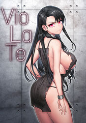 ass asymmetrical_bangs bangs bare_arms bare_shoulders black_dress black_hair bracelet breasts cain_(gunnermul) closed_mouth collar commentary_request cowboy_shot dress english_text female from_side highres jewelry korean_commentary large_breasts long_hair looking_at_viewer looking_to_the_side mixed-language_commentary original red_eyes scowl sideboob sleeveless sleeveless_dress solo thighs torn_clothes torn_dress v-shaped_eyebrows very_long_hair wall