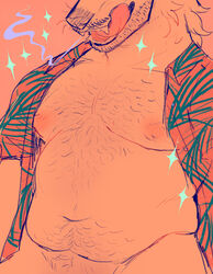 anthro belly black_nose body_hair canid canine canis chest_hair clothing coyote desertmotels dress_shirt exposed_chest facial_hair fangs hairy half_naked hi_res licking licking_lips male mammal musclegut nipples pubes shirt slightly_chubby solo sparkles tex_(desertmotels) tongue tongue_out topwear