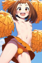 1boy 2:3 ai_generated belly_button brown_hair bulge bulge_through_clothing cheerleader cheerleader_uniform femboy genderswap_(ftm) male male_only my_hero_academia nipples novelai ochako_uraraka orange_skirt rule_63 skirt_only smile solo teenager topless u.a._cheerleader_outfit