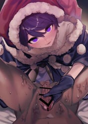 1boy 1girls bangs bar_censor black_legwear blue_capelet blue_eyes blue_gloves blue_hair blush capelet censored commentary_request commission dark-skinned_male dark_skin doremy_sweet eyebrows_visible_through_hair female fur_trim gloved_handjob gloves gradient gradient_background grey_background hair_between_eyes handjob hat ishikawa_sparerib light-skinned_female light_skin looking_at_viewer lower_body male male/female nightcap pantyhose parted_lips penis pom_pom_(clothes) pov red_headwear shirt short_hair simple_background skeb_commission smile straight sweat swept_bangs testicles touhou white_shirt