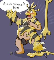 2_toes 4_fingers 5_toes anthro belly big_belly biped black_body black_tail blueballs_(artist) blush bulge claws clothed clothing dialogue digital_drawing_(artwork) digital_media_(artwork) electabuzz erection erection_under_clothing feet fingers glistening goo_transformation human human_to_anthro latex_transformation liquid_latex male mammal markings multicolored_tail nintendo open_mouth overweight overweight_male pokémon_(species) pokemon rubber simple_background solo species_transformation speech_bubble striped_tail stripes text toe_claws toes toony topless transformation two_tone_tail underwear video_games what yellow_body yellow_tail