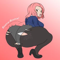 1girls ass ass_shake back_view big_breasts froglord_(artist) girls_und_panzer huge_ass looking_back pantyhose pink_hair pink_tattoo rosehip short_hair simple_background smiling solo squatting tattoo tattoo_on_butt torn_clothes torn_pantyhose twerking