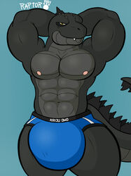 1boy big_bulge bottomwear boxer boxer_briefs boxers boxers_(clothing) briefs bulge clothed clothing godzilla godzilla_(series) humanoid kaiju looking_at_viewer male male_only monster monsterverse muscular muscular_humanoid muscular_male nipples not_furry partially_clothed partially_nude penis_bulge raptorart reptile scalie simple_background smile solo underwear