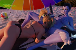 2girls 3d beach beach_ball beach_sex beach_umbrella bikini blonde_hair breast_grab cunnilingus exposed_breasts exposed_nipples female female_only gun hand_on_breast legs_apart mercy overwatch purple_skin pussy_lick studioaberration weapon widowmaker yuri