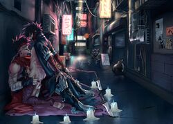 2boys akaguro_chizome alley alleyway bandage bandage_on_face bandaged_arm bare_legs bare_thighs barefoot black_hair bodily_fluids boots burn_scar burning_candles candle candles chained_wrists chains chizome_akaguro clothing cum dabi detailed_background gay genital_fluids genital_piercing genitals hand_on_back hand_on_thigh jacket jacket_only knife knives ldnsfw long_tongue male male/male male_penetrated male_penetrating male_penetrating_male my_hero_academia penis penis_in_ass pierced_genitals piercing piercings precum scar scars stain_(my_hero_academia) sweatdrop todoroki_touya tongue touya_todoroki yaoi