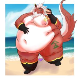 absurd_res anthro beach belly big_belly big_breasts breasts burger chubby_female felid female food fur hair hi_res lumieart mammal morbidly_obese nude obese overweight red_body red_fur seaside solo solo_focus white_hair