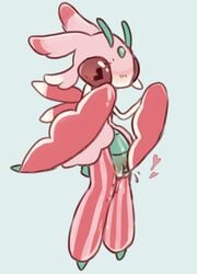 anthro blush bodily_fluids compound_eyes female fleecie genital_fluids grey_background heart lurantis masturbation nintendo pokémon_(species) pokemon pussy_juice semi-anthro simple_background solo video_games