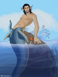 1boy abs black_hair brown_eyes cuntboy cuntboy_only cuntboy_sans_balls erection exotic_penis fantasy fish fish_tail hanzo hanzo_shimada herm hermaphrodite human intersex male maleherm marine_humanoid mermaid merman multi_genitalia mythical_creature nude ocean overwatch penis public_nudity pussy shimada solo