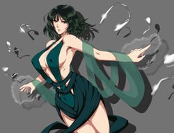 >:) adapted_costume akino_(gokosei) armpits bare_shoulders bent_spoon black_hair breasts closed_mouth commentary_request covered_nipples cowboy_shot dress drop_shadow female fubuki_(one-punch_man) green_dress green_eyes grey_background highres large_breasts looking_at_viewer one-punch_man outstretched_arms revealing_clothes shawl short_hair sideboob sleeveless smile solo spoon spread_arms telekinesis v-shaped_eyebrows