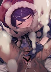 1boy 1girls bangs bar_censor black_legwear blue_capelet blue_gloves blue_hair blush capelet censored closed_eyes commentary_request commission cum cum_on_body dark-skinned_male dark_skin doremy_sweet eyebrows_visible_through_hair female fur_trim gloved_handjob gloves gradient gradient_background grey_background hair_between_eyes handjob hat ishikawa_sparerib light-skinned_female light_skin lower_body male male/female nightcap pantyhose parted_lips penis pom_pom_(clothes) pov red_headwear shirt short_hair simple_background skeb_commission straight sweat swept_bangs testicles touhou white_shirt