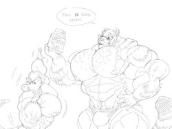 2017 5_fingers anthro big_bulge big_muscles big_pecs bottle boxers_(clothing) bulge clothed clothing dialogue duo english_text eyewear felid fingers glasses hand_on_hip holding_object huge_bulge huge_muscles huge_pecs hyper hyper_bulge hyper_muscles looking_at_another male mammal monochrome murid murine muscular nipples open_mouth pantherine pecs rodent size_difference sketch smile speech_bubble stagor55 standing text tiger underwear underwear_only