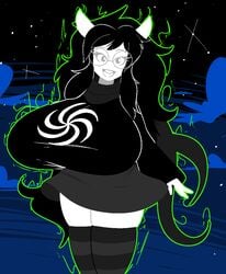 1girls animal_ears big_breasts black_hair breast_expansion breasts clothed clothing cute dog_ears glasses glowing homestuck huge_breasts hyper_breasts jade_harley legwear long_hair ms_paint_adventures reiduran skirt stockings striped_legwear striped_stockings thick_thighs