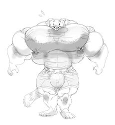 2016 4_toes anthro barefoot big_bulge big_muscles big_pecs bodily_fluids bottomwear bulge clothing feet felid feline front_view huge_bulge huge_muscles huge_pecs hyper hyper_bulge hyper_muscles hyper_pecs looking_at_viewer male mammal monochrome muscular muscular_anthro muscular_male pants pecs plantigrade shirt sketch solo stagor55 standing sweat tight_clothing toes topwear