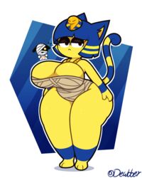 2020 animal_crossing ankha anthro bandages blue_hair breasts cat_ears cat_humanoid cat_tail cleavage dewbber duo egyptian furry lucky_(animal_crossing) miniboy multicolored_hair nintendo snake_hair_ornament thick_thighs thighs wide_hips yellow_hair