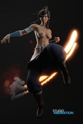 1girls 3d abs action_pose areolae armband athletic_female avatar_legends baggy_pants bare_shoulders black_background blue_eyes boots breasts breasts_out casual_nudity clenched_fist clothing dark-skinned_female dark_skin determined exposed_nipples female female_focus female_only female_protagonist fire firebending fit_female jumping korra martial_arts medium_breasts midriff nickelodeon nipples nonsexual_nudity pants perky_breasts punch punching smooth_skin solo studioaberration the_avatar the_legend_of_korra tomboy topless water_tribe wrist_wraps