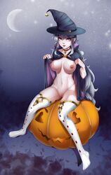 1girls alternate_costume big_hat breasts commission fire_emblem fire_emblem:_genealogy_of_the_holy_war flashing halloween halloween_costume hat ishtar_(fire_emblem) large_breasts looking_at_viewer neo_nu nintendo nipples presenting presenting_breasts pumpkin purple_eyes purple_hair pussy solo thighhighs witch witch_costume witch_hat