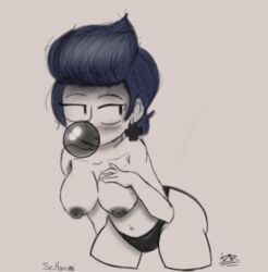 bibi_(brawl_stars) black_hair brawl_stars breasts bubble bubble_gum colorless dark_hair gum hand_on_breast no_color panties panties_only uncolored