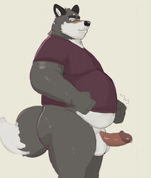 anthro balls belly big_belly bodily_fluids bottomless canid canine canis clothed clothing digital_media_(artwork) erection fur genital_fluids genitals hi_res humanoid_genitalia humanoid_penis male mammal overweight overweight_anthro overweight_male penis simple_background solo tcw_(artist) wolf