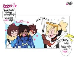 animated armor big_belly big_breasts black_hair blonde_hair blushing brown_hair clothing dark-skinned_male dark_skin dr-worm english_text female_only glasses goggles heart implied_vore lesbian lewdlemage light_skin mei_(overwatch) mercy nipples no_sound overwatch pharah ponytail same_size_vore short_hair shorter_than_30_seconds shorter_than_one_minute stuffing tracer underwear video vore