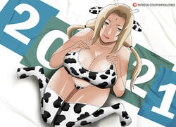 1girls 2021 animal_ears big_breasts bikini blonde_hair breasts busty cleavage cow_ears cow_girl cow_horns cow_print dated female female_only horns hourglass_figure huge_breasts kneeling mature mature_female midriff milf naruto naruto_(series) naruto_shippuden pumpkinjones shounen_jump thick_thighs thighhighs thighs tsunade twintails wide_hips