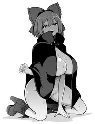 1girls :d areola_slip areolae blush boots bow breasts cloak cloak_lift eyebrows_visible_through_hair eyelashes hair_between_eyes hairbow half-closed_eyes halftone hand_on_floor high_heel_boots high_heels himajin_noizu huge_breasts labia looking_at_viewer monochrome naked_cloak no_bra no_panties on_floor open_mouth sekibanki shoelaces smile solo sweat teeth touhou