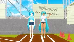 2girls 3d alternate_body_type alternate_breast_size alternate_self alternate_skin_color animated artist_name blue_hair bouncing_breasts breast_expansion breasts clone clothing dark-skinned_female expansion female female_only flashing hatsune_miku huge_breasts hyper_breasts imbapovi jump_rope jumping large_ass long_video longer_than_30_seconds longer_than_one_minute multiple_girls nipples pull_ups push-up running self_fondle shirt_lift short_shorts shower sound tagme tan_skin tank_top tanline trampoline twintails video vocaloid workout yoga_ball