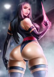 1girls annoyed ass back_view betsy_braddock biceps blue_elbow_gloves blue_thighhighs blue_thong_leotard butt_crack dat_ass elbow_gloves elizabeth_braddock energy female huge_ass long_hair looking_back loubotix marvel muscular_arms ninja psylocke purple_hair red_sash sash skindentation straight_hair thigh_gap thighhighs thighs thong_leotard x-men