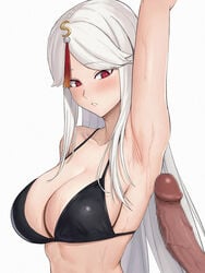 1boy arm_up armpit_pussy armpit_sex armpits bangs bikini bikini_top black_bikini blush breasts censored censored_penis cleavage cute dark-skinned_male dark_skin embarrassed erect_penis erection female genshin_impact hair_ornament half-closed_eyes highres large_breasts long_hair looking_at_viewer mosaic_censoring ningguang_(genshin_impact) parted_bangs penis penis_awe red_eyes sideboob simple_background solo sp123 surprised sweat swimsuit upper_teeth vein veins veiny veiny_penis white_background