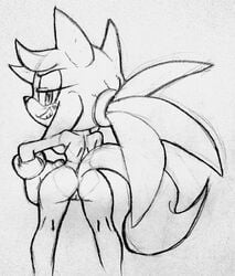 absurd_res anthro ass big_butt cutie_mark domestic_cat etherealhatred fan_character felid feline felis female hi_res jenn_the_cat mammal monochrome nude rear_view sketch smug_face solo solo_focus sonic_(series) sonic_the_hedgehog_(series) thick_thighs wide_hips