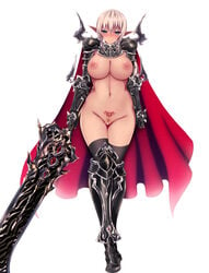 1girls akina_t armor big_breasts bikini_armor elf female_pubic_hair knight large_breasts pointy_ears pubic_hair pubic_tattoo revealing_clothes skimpy skimpy_clothes solo solo_female sword tattoo voluptuous warrior weapon