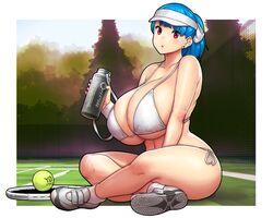 2021 ass blue_hair cap cleavage curvy errorkazoo female huge_breasts long_hair looking_at_viewer micro_bikini original outdoor ponytail red_eyes rina_atherina_(errorkazoo) sitting tennis tennis_ball tennis_racket thick_thighs