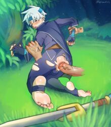 anal anal_penetration anal_sex blush blushing gay grass looking_back madou_monogatari outdoors outside puyo_puyo ripped_pants schezo_wegey sword