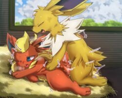 balls censored closed_eyes duo eeveelution ehada female female_penetrated feral feral_on_feral flareon fur genitals hi_res jolteon male male/female male_on_top male_penetrating male_penetrating_female mosaic_censorship nintendo on_top one_eye_closed open_mouth orange_body orange_fur penetration pokémon_(species) pokemon pokemon_(species) vaginal_penetration video_games yellow_body yellow_fur