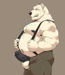 2021 anthro belly black_nose blush bottomwear clothing erection fur genitals hi_res humanoid_genitalia humanoid_hands humanoid_penis jumperbear kemono male mammal moobs musclegut nipples overweight overweight_male pants penis polar_bear solo suspenders ursid ursine white_body white_fur