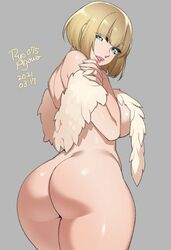 2021 ass blonde_hair blue_eyes breasts commentary dated feathers female grey_background large_breasts looking_at_viewer nude original ryo_agawa short_hair simple_background smile solo thick_thighs thighs