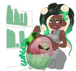 2girls animated belly big_belly big_breasts black_hair dark_skin dwps english_text female female_only green_eyes hand_on_stomach inside_view internal internal_view long_hair marina_(splatoon) pearl_(splatoon) same_size_vore short_hair splatoon stomach_bulge tight_clothing unbirth unbirthing vore white_hair x-ray