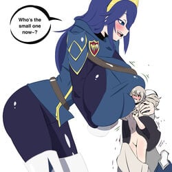 2girls attribute_theft blue_hair breast_expansion colored corrin_(female)_(fire_emblem) corrin_(fire_emblem) corrin_(fire_emblem)_(female) fire_emblem fire_emblem_awakening fire_emblem_fates growing herretik huge_breasts ivelacia large_ass lucina_(fire_emblem) minigirl shrinking size_difference size_play size_theft third-party_edit white_hair