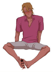 1boy blonde_hair blue_eyes blush censored clothed cum_on_feet footjob great_pretender laurent_thierry male_focus penis solo wio722 yaoi