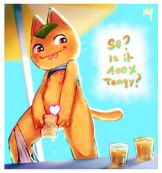 <3_censor animal_crossing anthro beverage bodily_fluids censored domestic_cat english_text felid feline felis female genital_fluids heart mammal mostly_nude multi_nipple niichan nintendo nipples orange_juice peeing solo star_eyes tangy_(animal_crossing) text tongue tongue_out urine video_games