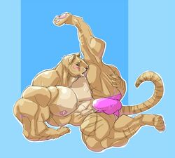 2018 4_toes 5_fingers anthro balls big_bulge big_muscles blush bulge clothed clothing erection feet felid feline fingers genitals hand_on_leg huge_bulge huge_muscles licking licking_oneself looking_at_viewer male mammal muscular nipples open_mouth pantherid pawpads penis pink_nipples raised_leg sitting solo stagor55 stretching toes tongue tongue_out underwear underwear_only