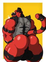 3:4 absurd_res anthro ass balls bara big_balls black_body felid fur genitals hair hi_res incineroar looking_at_viewer male male_only mammal muscular muscular_anthro muscular_male nintendo pokémon_(species) pokémorph pokemon raptorart red_body red_fur simple_background smile solo video_games