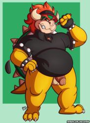 2021 3_toes 4_fingers accessory anthro anthro_only balls bottomless bowser bracelet chubby_anthro chubby_male clothed clothing feet fingerless_gloves fingers genitals gloves golf_club hair hair_accessory hairband handwear hi_res horn jewelry koopa looking_at_viewer male male_only mario_(series) mario_golf mature_male nintendo overweight overweight_male penis polo_shirt potbelly red_eyes red_hair scalie shell shirt signature sketchybug smile smirk solo spiked_bracelet spikes spikes_(anatomy) text toes topwear turtle_shell url video_games