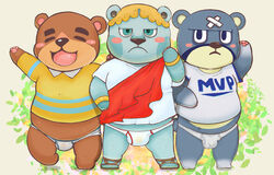 2021 animal_crossing anthro balls_outline blue_body blue_fur blush brown_body brown_fur bulge chibi closed_eyes clothing curt_(animal_crossing) fur genital_outline group inusawa kemono klaus_(animal_crossing) male male_only mammal nintendo penis_outline shirt slightly_chubby teddy_(animal_crossing) topwear underwear ursid video_games