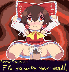 armpits blushing brown_hair clothed cum cum_in_object cum_in_plushie cum_in_pussy cum_inside doll english_text fumo_plush large_bow plush plushie plushophilia reimu_hakurei size_difference stuffing_(material) tears_in_eyes text touhou yellow_text