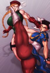 2girls ass back_view beret biceps big_ass big_breasts black_hair blonde_hair cammy_white catfight chinese_clothes chun-li dat_ass dno fight fighter fighting gauntlets gloves green_leotard harness huge_ass kick kicking leg_muscles leotard military multiple_girls muscles muscular_arms muscular_female muscular_legs muscular_thighs pain pantyhose punch punching red_beret red_gauntlets red_pantyhose ryona spiked_bracelet spread_legs street_fighter thick_thighs thigh_strap thong twin_braids twintails violence