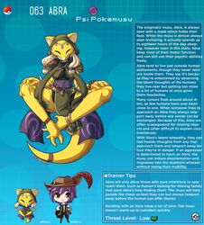 abra creature_index english_text hi_res kinkymation knees_apart_feet_together nintendo page_63 page_number pokémon_(species) pokemon pokemon-girl_encyclopedia pokemorph pokemusu profile tail text text_box yellow_skin