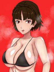 1girls 2020 alternate_breast_size bare_shoulders bikini bikini_top black_bikini black_bikini_top breasts brown_hair covered_nipples female female_focus kazukine large_breasts makoto_niijima open_mouth persona persona_5 red_background red_eyes shiny_skin short_hair simple_background solo steam steaming_body sweat sweatdrop upper_body white_skin