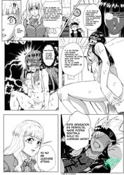 1boy 2girls aka12 alternate_universe asta_(black_clover) big_ass big_butt black_clover black_hair blush greyscale jealous_female long_hair loropechika mimosa_vermillion modern_au pleasure_face small_breasts spanish_text text vaginal_penetration