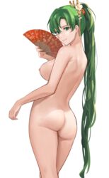 1girls ass back_view bare_back big_ass breasts completely_nude fan female fire_emblem fire_emblem:_the_blazing_blade green_eyes green_hair j@ck large_breasts long_hair looking_at_viewer looking_back lyn_(fire_emblem) nipples nude nude_female ponytail smile solo solo_female very_long_hair white_background